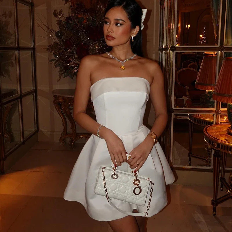 Strapless cocktail dress for women with an elegant ruched trim Lune London