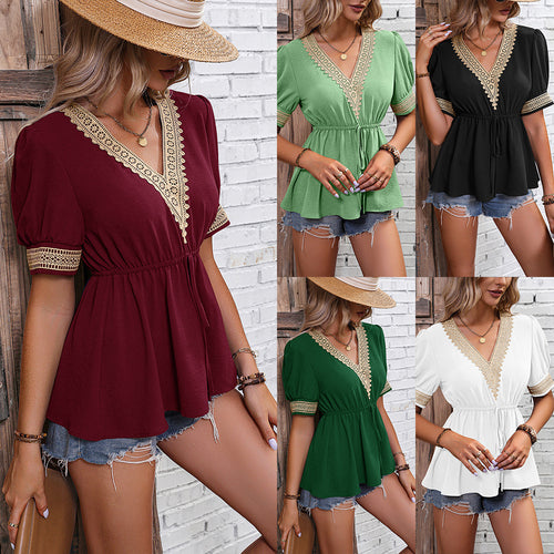 Women's trendy top with V-neckline and delicate lace embellishments Lune London