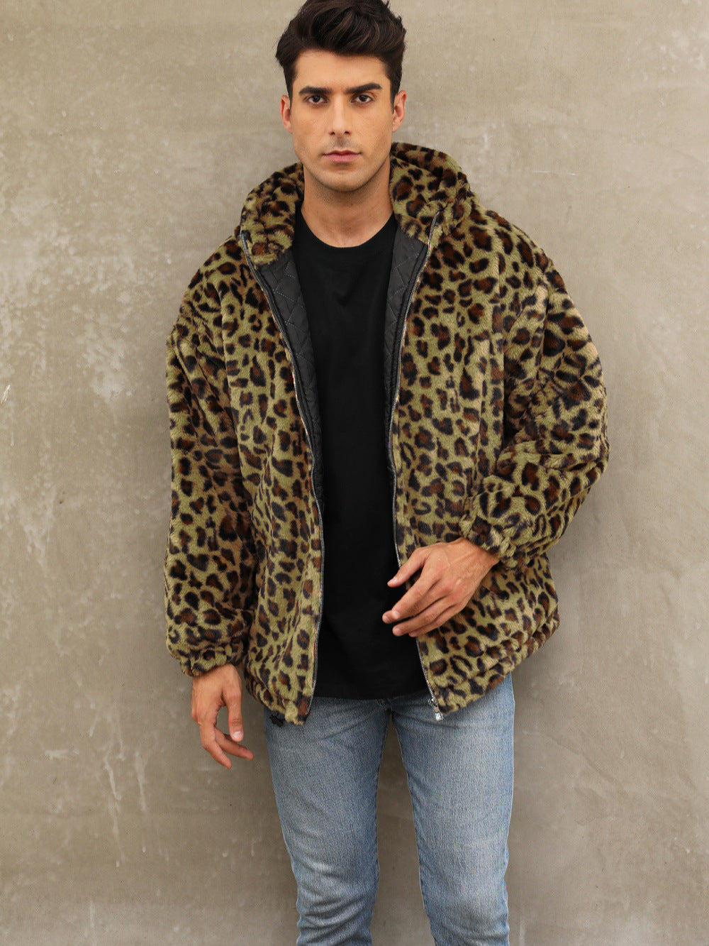 Soft faux fur leopard print jacket for men Lune London