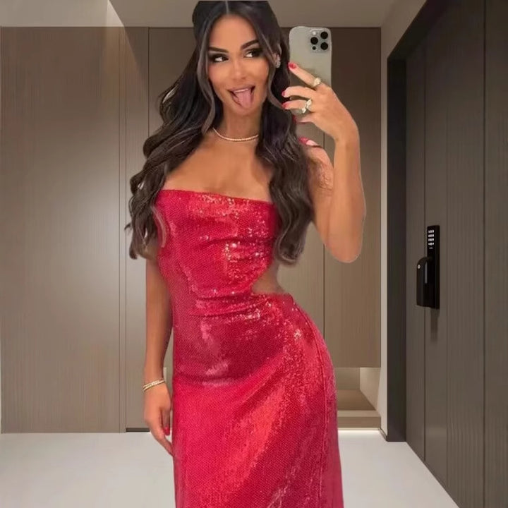Maxi dress for women with sparkling sequins and elegant cut Lune London
