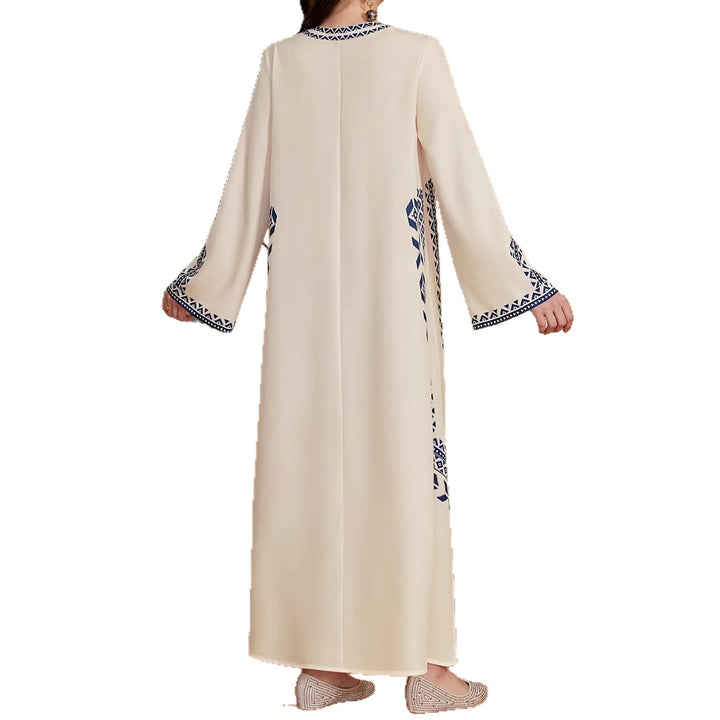 Caftan dress for women with an artistic embroidered design and an elegant V-neck Lune London