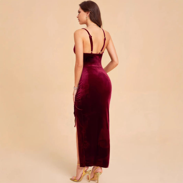 Elegant velvet maxi dress for women with adjustable slit and refined gathers Lune London