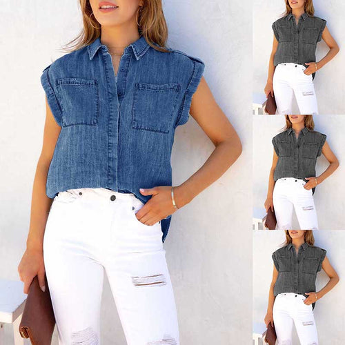 Chemisier à manches courtes pour femmes en denim avec poches poitrine Chic & Stil