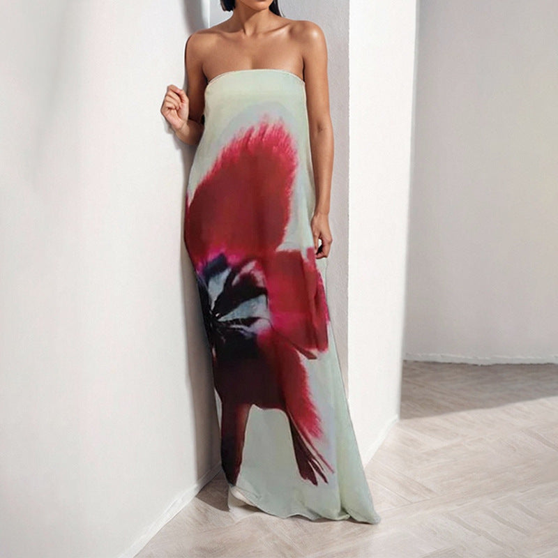 Robe maxi sans bretelles pour femmes avec imprimé floral et tissu fluide Chic & Stil