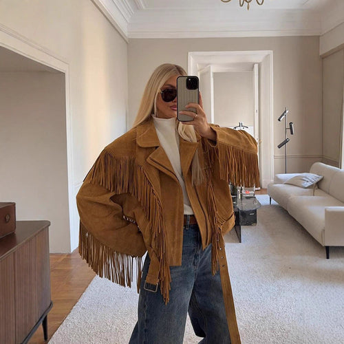 Leather jacket for women with fringes and belt at the waist Lune London