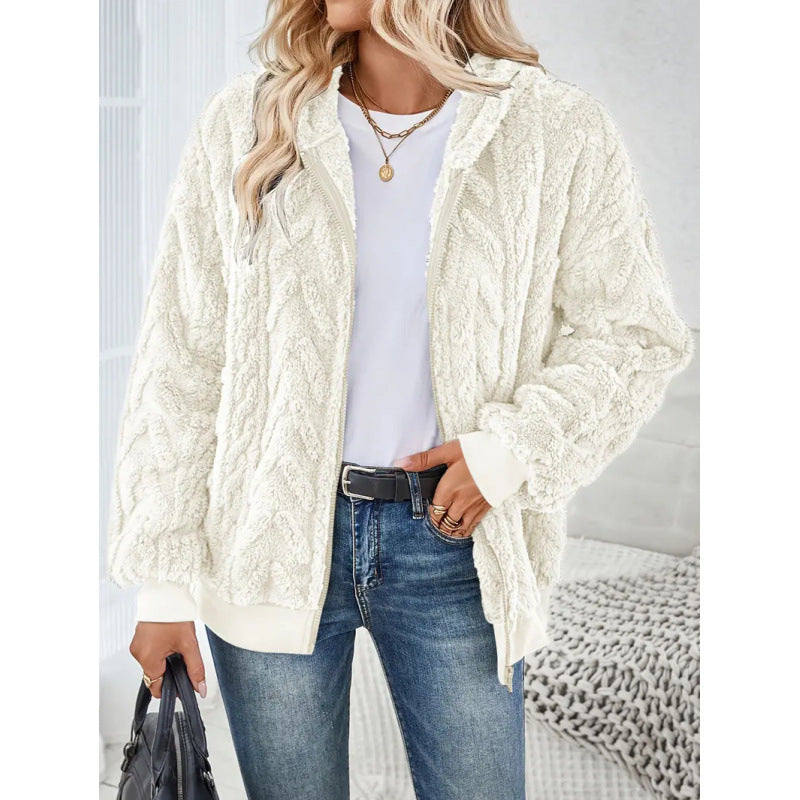 Ladies Cozy Fleece Jacket with High Collar and Chic Knit Pattern