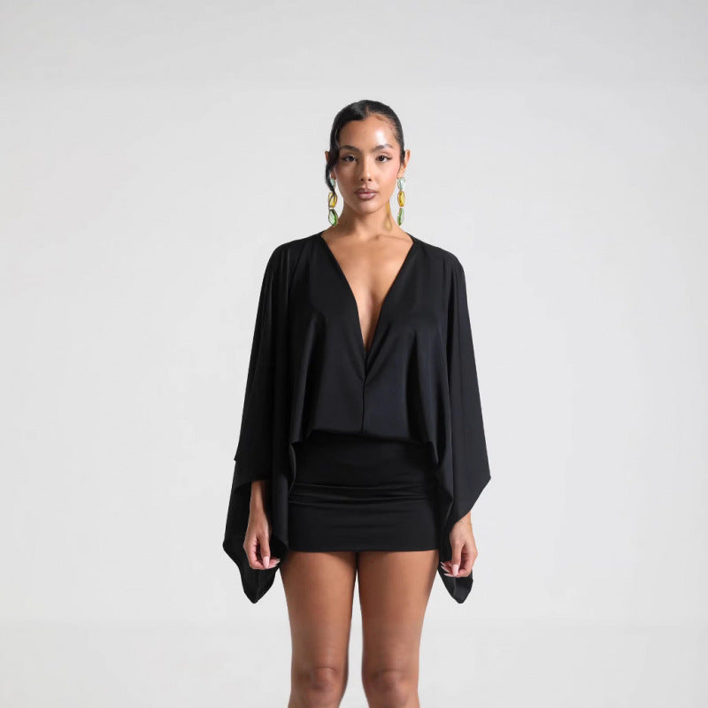 Ladies Chic Mini Dress with Voluminous Sleeves and Elegant Stand Collar Lune London