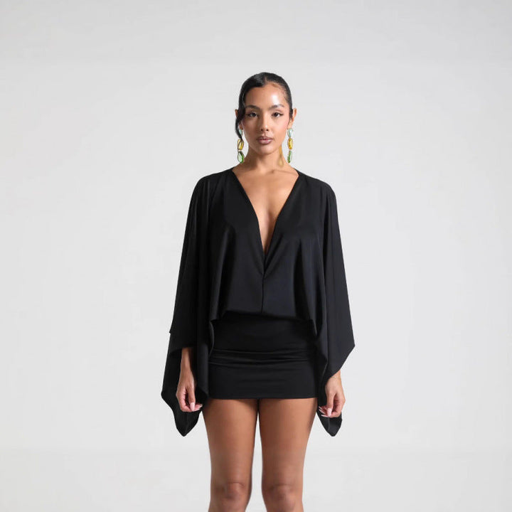 Ladies Chic Mini Dress with Voluminous Sleeves and Elegant Stand Collar Lune London