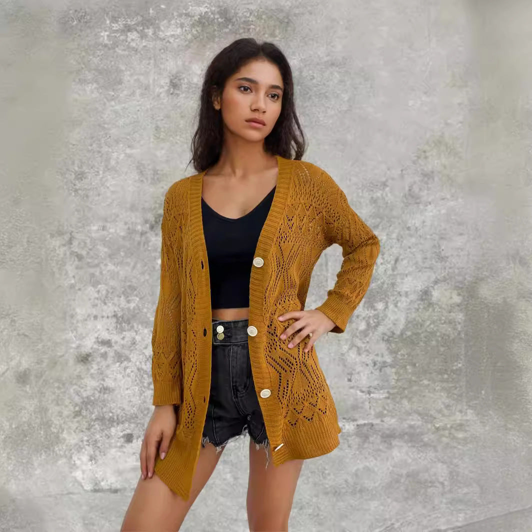 Knitted cardigan for women with airy patterns and button details Lune London