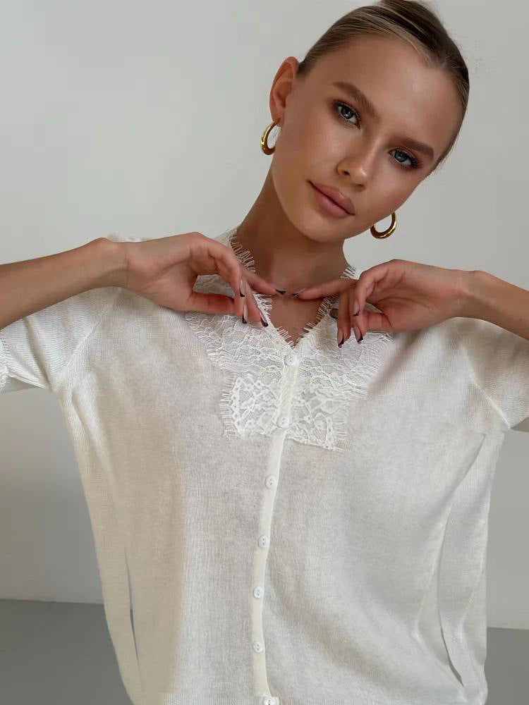 Knitted jacket for women with charming lace accents Lune London