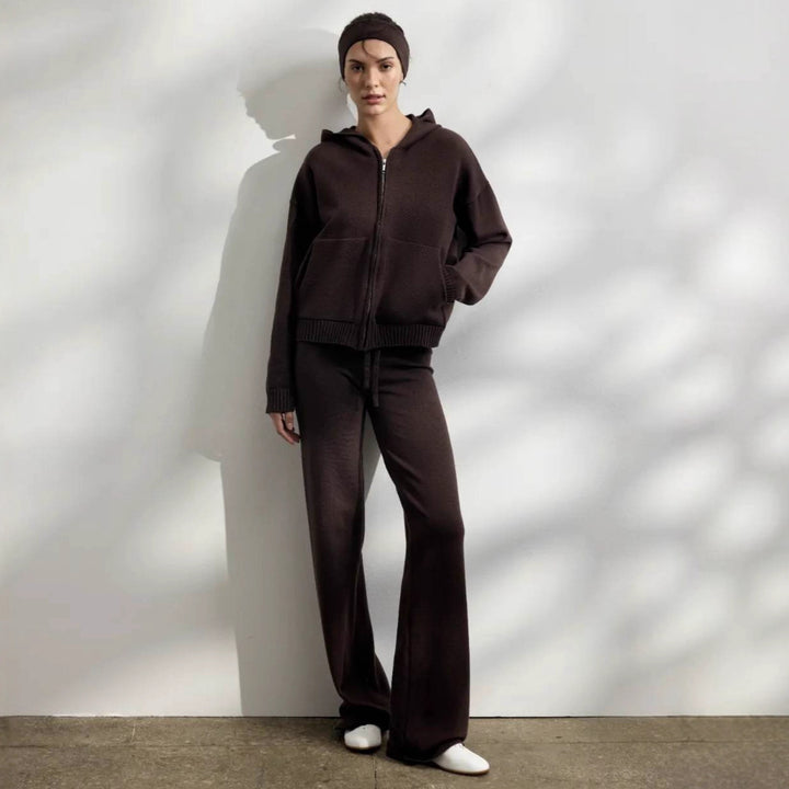 Casual knit outfit for women with hoodie jacket and comfortable palazzo pants Lune London