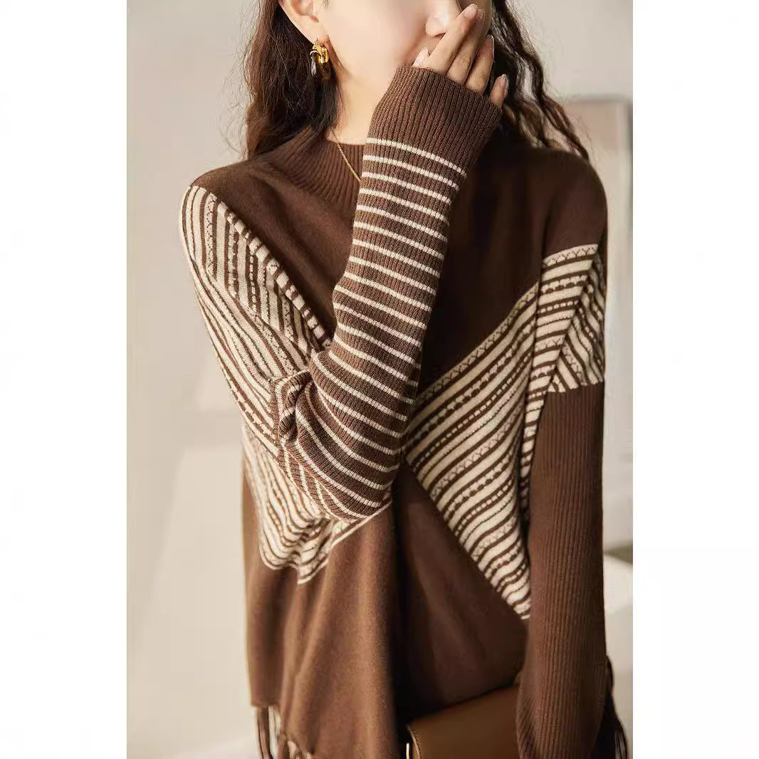 Pull surdimensionné pour femmes avec motif rayé graphique et franges Chic & Stil