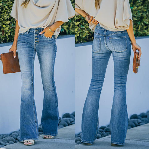 High waist flare jeans for women with decorative buttons Lune London