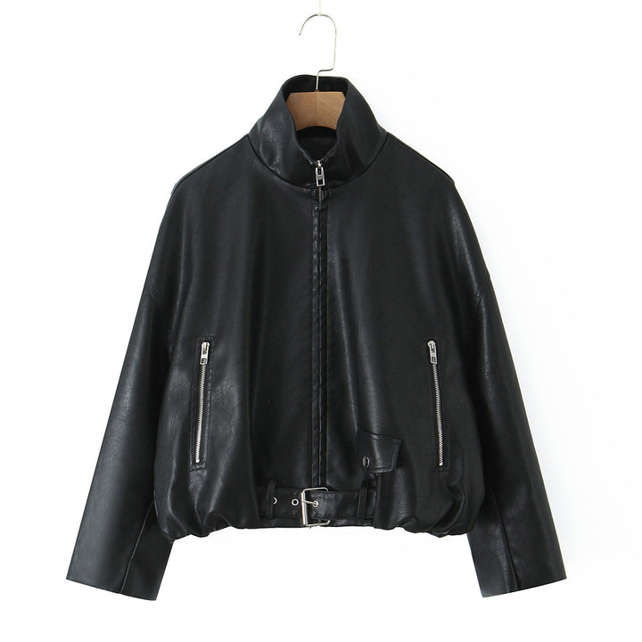 Ladies stylish faux leather jacket with belt Lune London