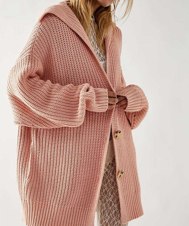 Ladies chunky knit cardigan with hood and trendy button details Lune London