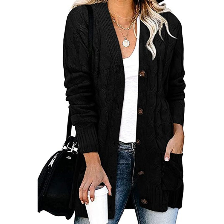 Rough knit cardigan for women with button details and practical pockets Lune London