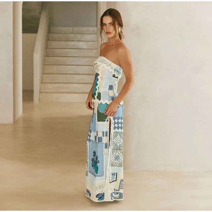 Maxi bandeau dress for women with a playful printed design and an elegant hem Lune London