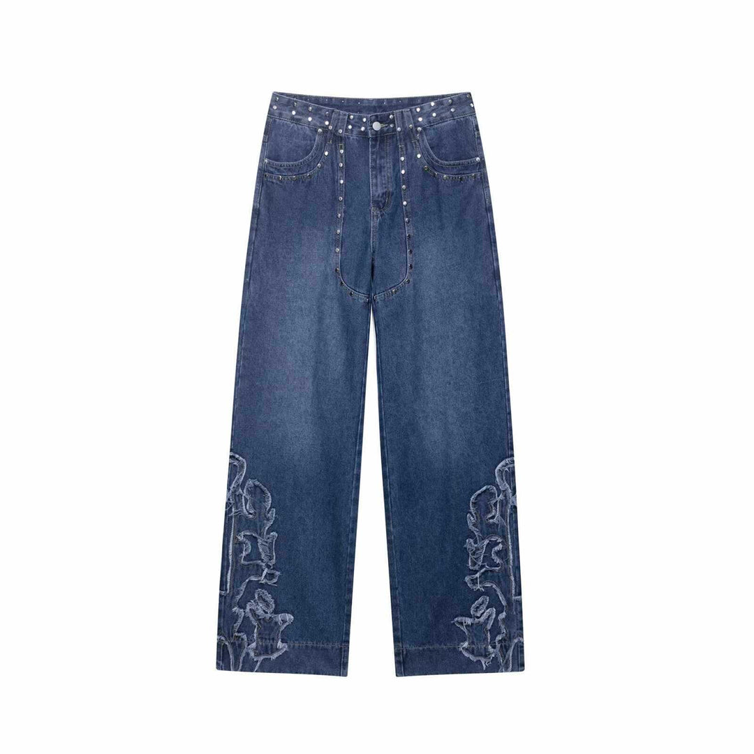 Flared women's jeans with floral embroidery and decorative button details Lune London