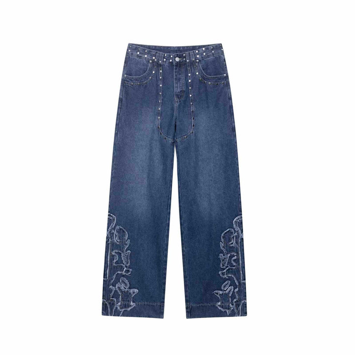 Flared women's jeans with floral embroidery and decorative button details Lune London