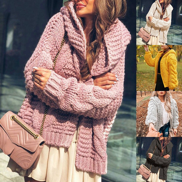 Oversized chunky knit jacket for women with shawl collar and large pockets Lune London