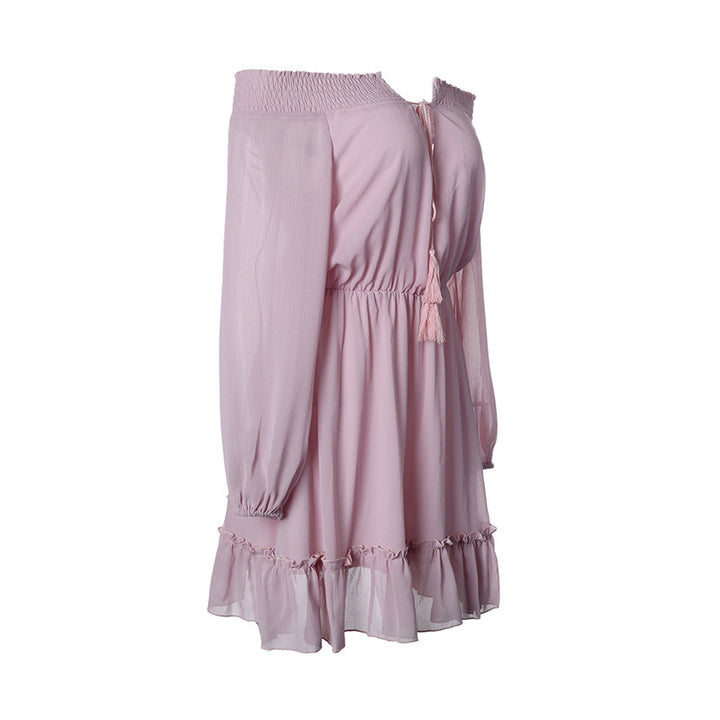 Off-shoulder dress for women with ruffle details and elastic waist drawstring Lune London