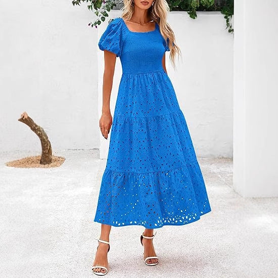 Maxi dress for women with decorative cut-out pattern and puff sleeves Lune London