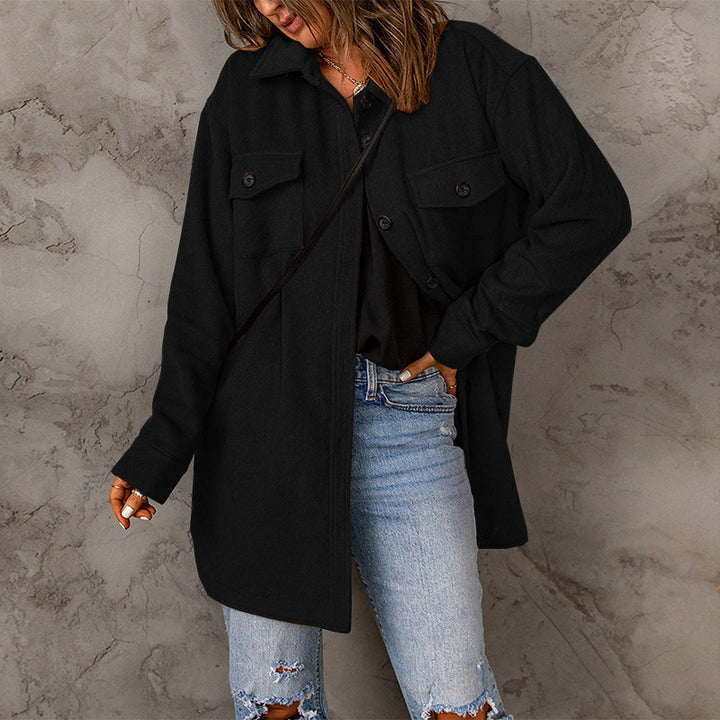 Lune London women's versatile oversized shirt jacket with patch pockets and button closure