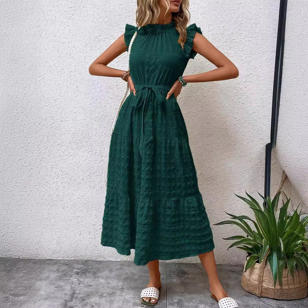 Midi dress for women with ruffled sleeves and belt at the waist Lune London
