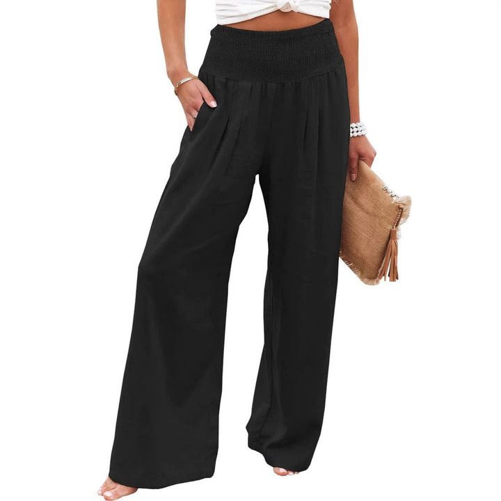 Women's Wide Linen Trousers with Elastic Waistband and Pleats Lune London