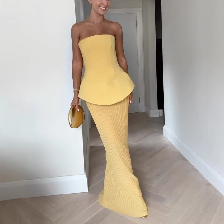 Chic and Style women's top and maxi skirt set with ruffled design