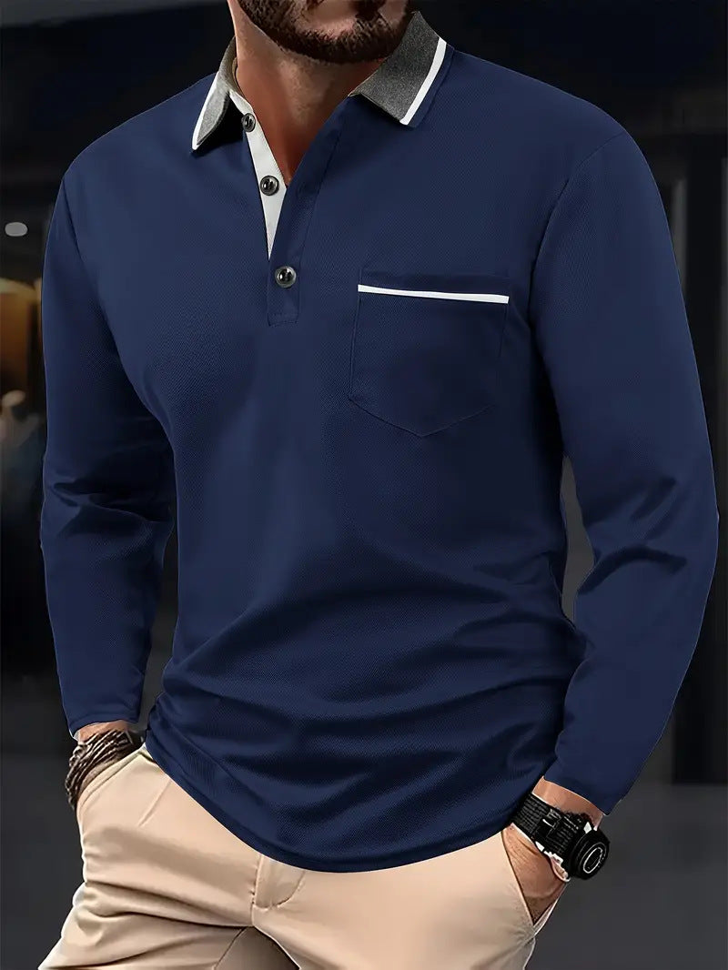Men's long sleeve polo with textured collar and chest pocket Lune London