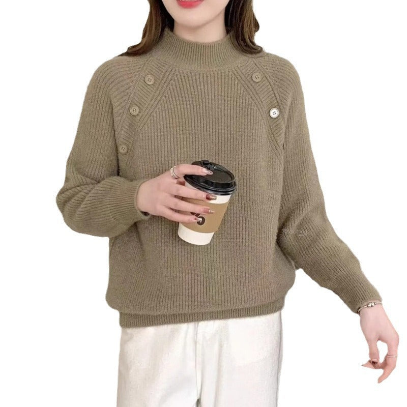 Chunky knit sweater for women with modern high collar and button details Lune London