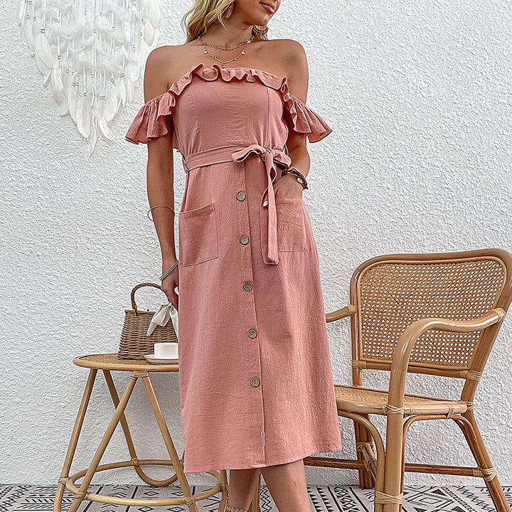 Robe midi à épaules dénudées pour femmes avec détails en volants et ceinture à nouer Chic & Stil