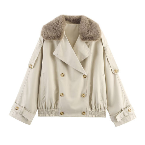 Trendy women's jacket with faux fur collar and double-breasted Lune London