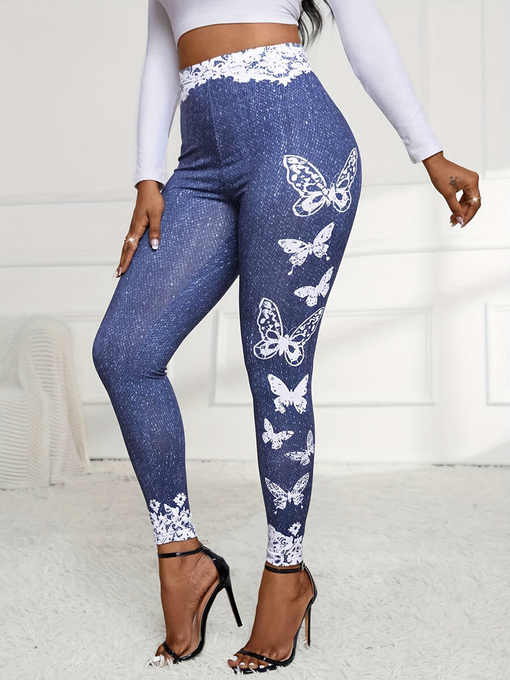 Leggings for women with floral lace trim and colorful butterfly print Lune London
