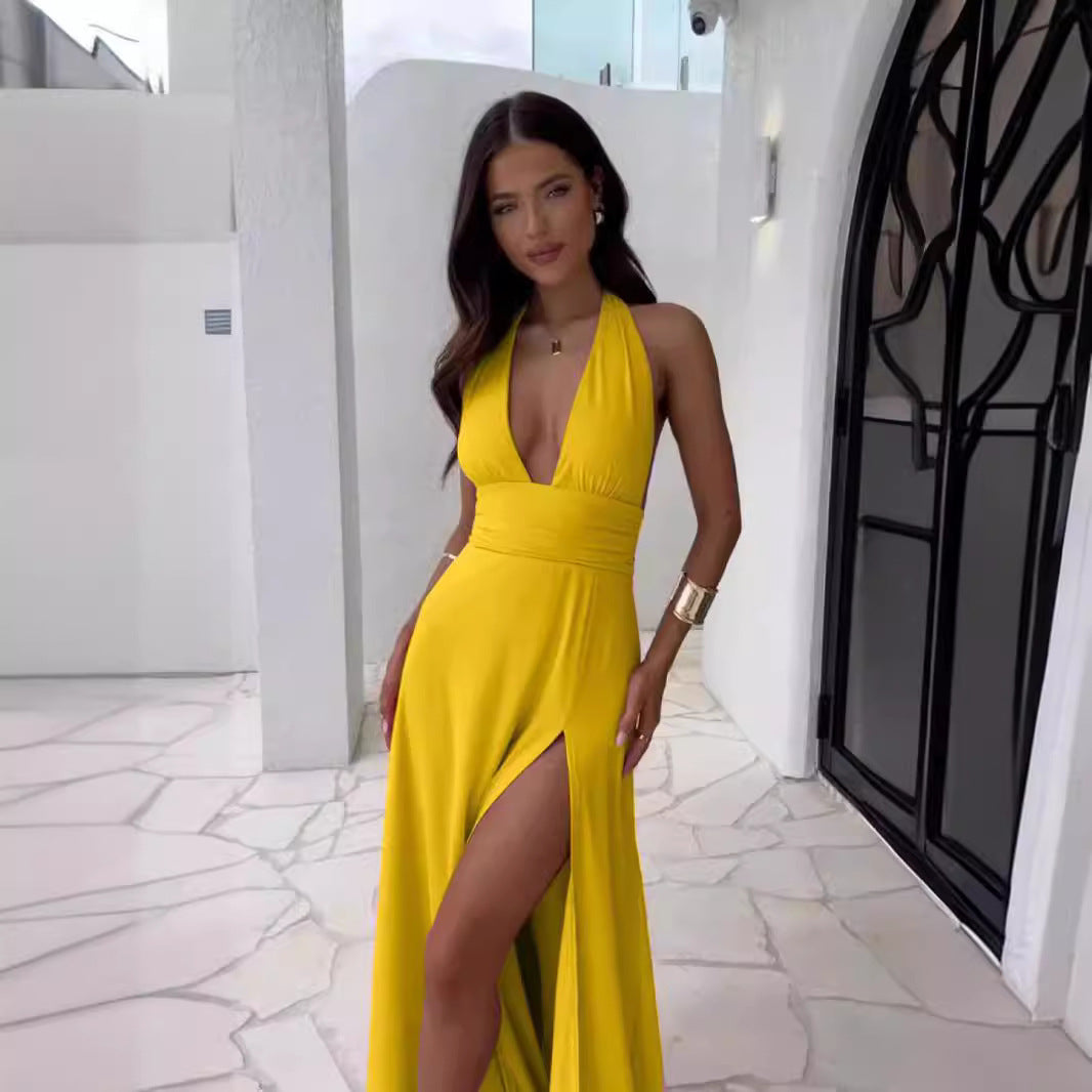 Evening dress for women with deep V-neck and side slit Lune London