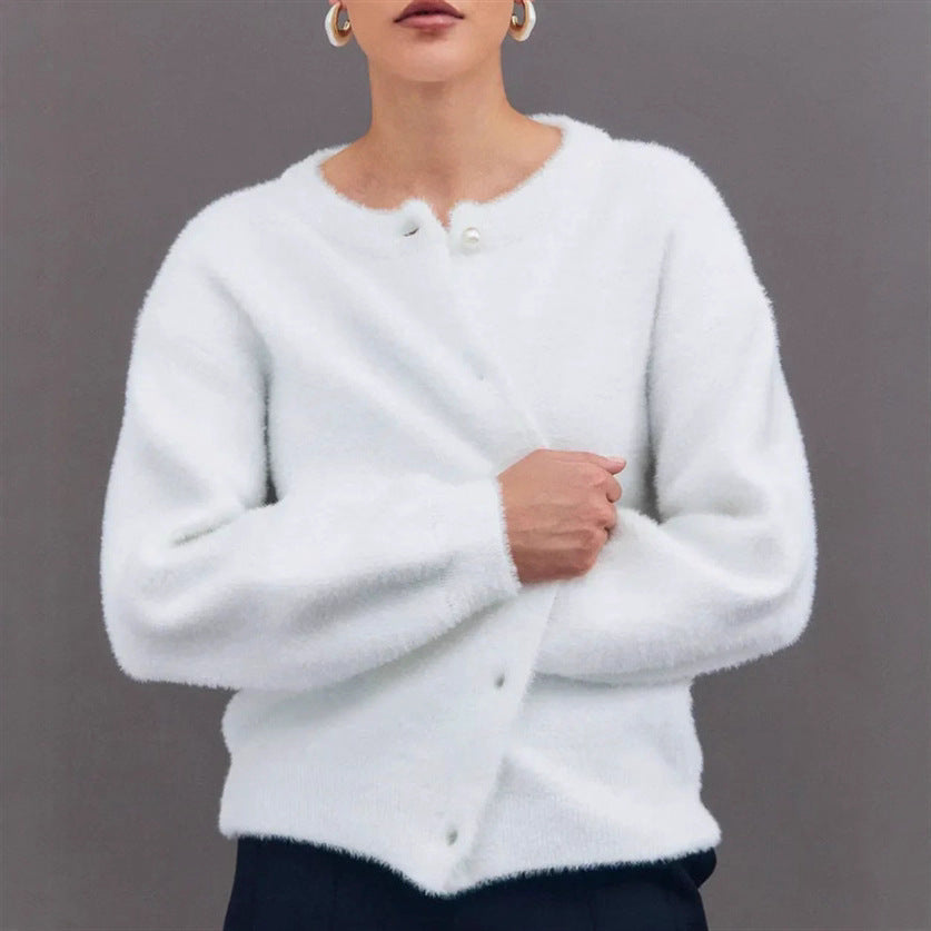 Ladies Fluff Cardigan with decorative pearl buttons Lune London