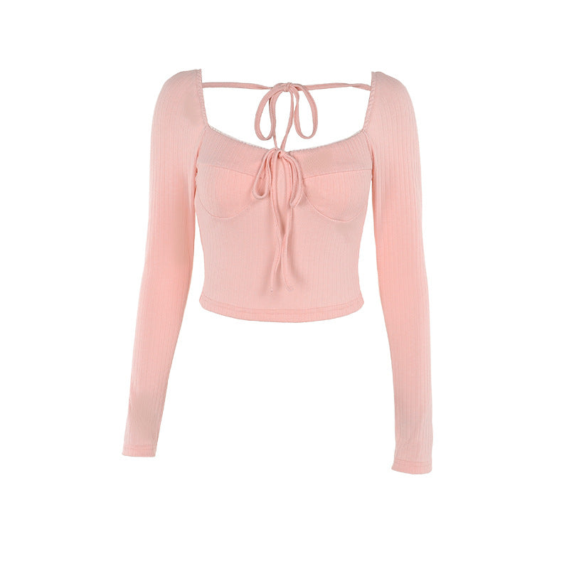 Women's Long Sleeve Ribbed Knit Crop Top with Front Knot Lune London