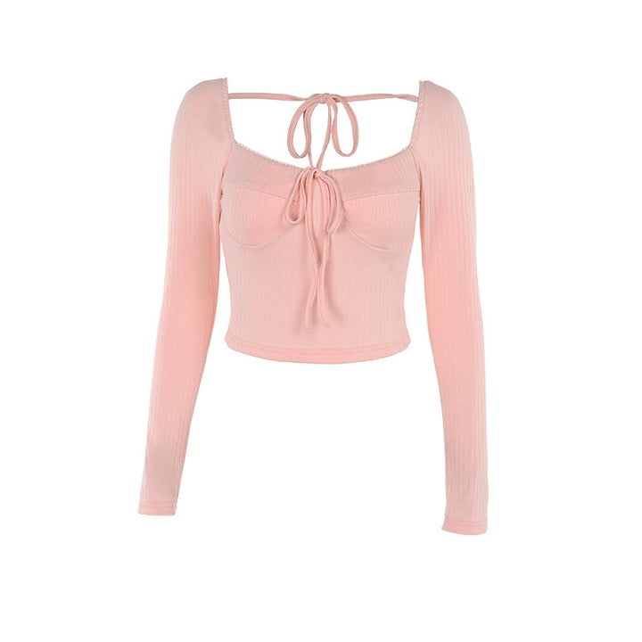 Women's Long Sleeve Ribbed Knit Crop Top with Front Knot Lune London