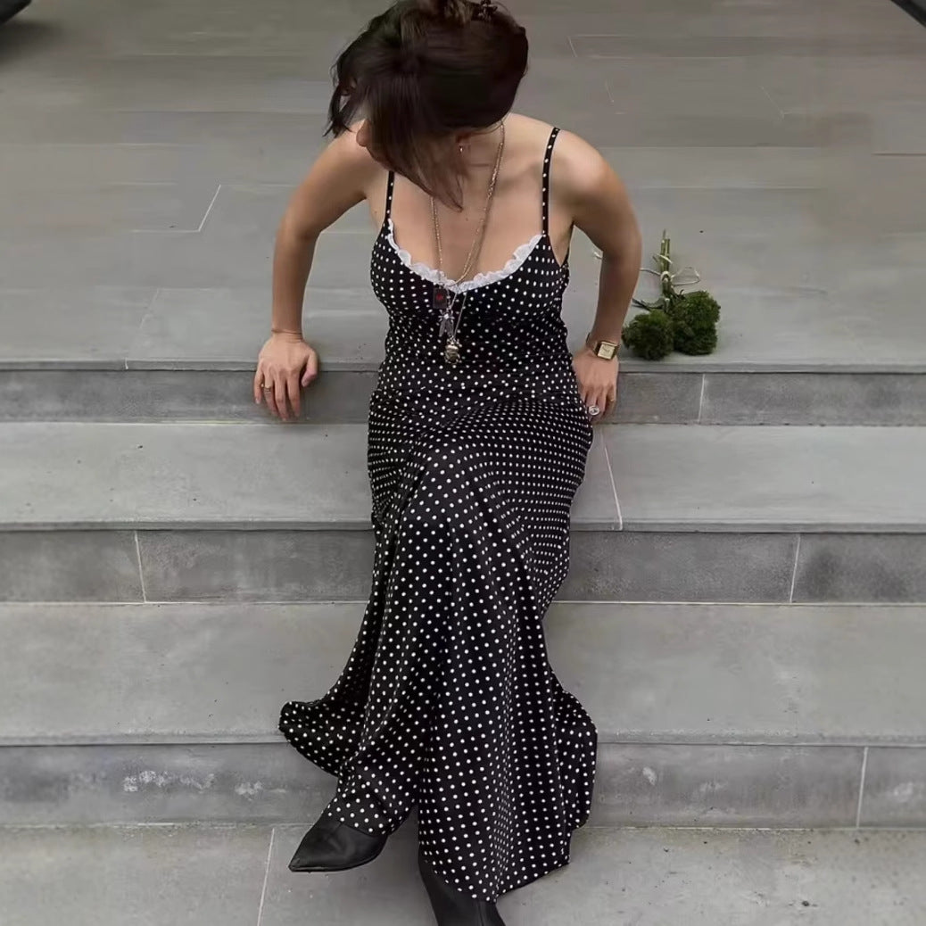 Maxi dress for women with polka dots and an elegant lace ornament Lune London