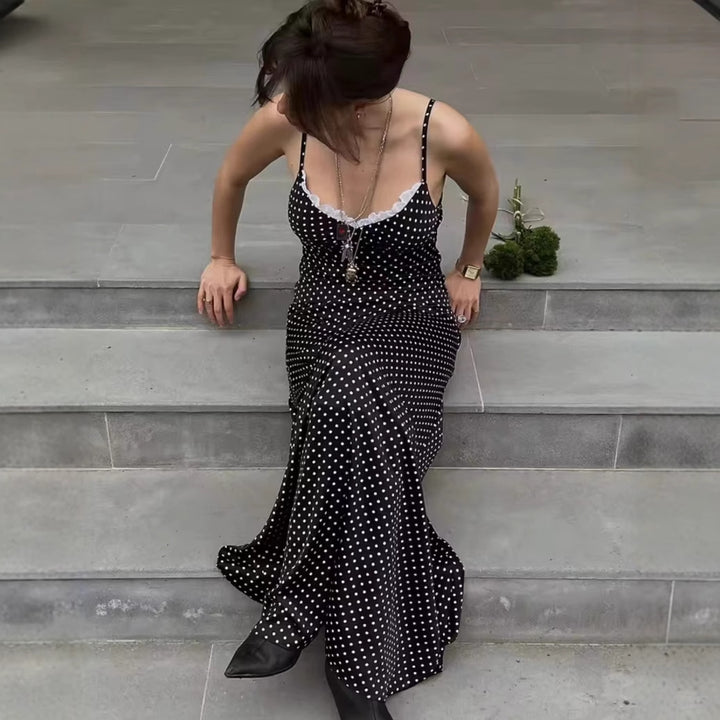 Maxi dress for women with polka dots and an elegant lace ornament Lune London
