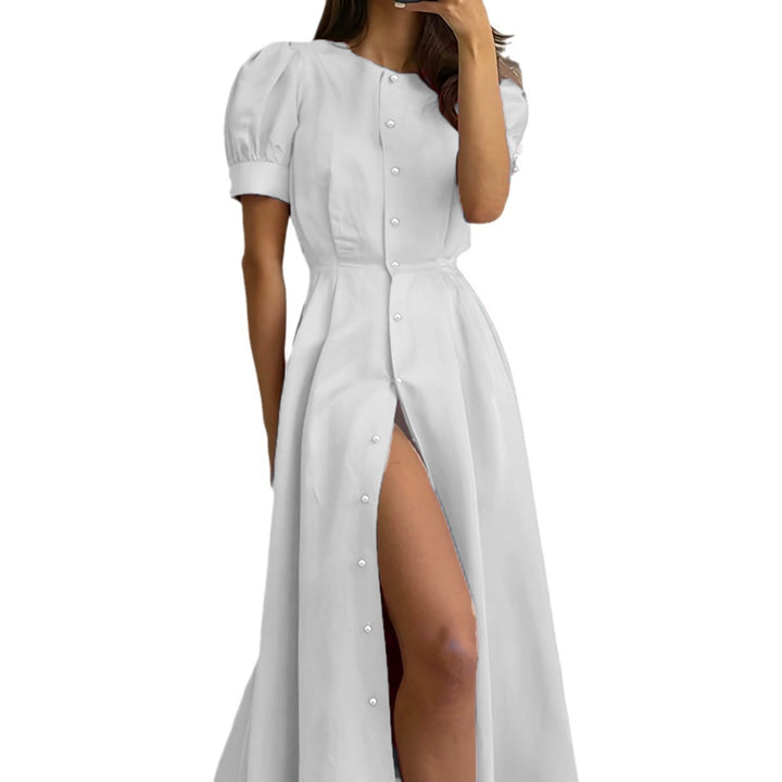 Maxi dress for women with button closure, puff sleeves and side slit Lune London