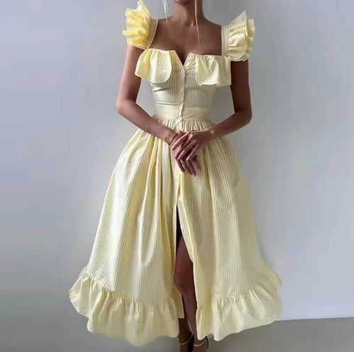 Maxi dress for women with voluminous ruffle design and button closure Lune London