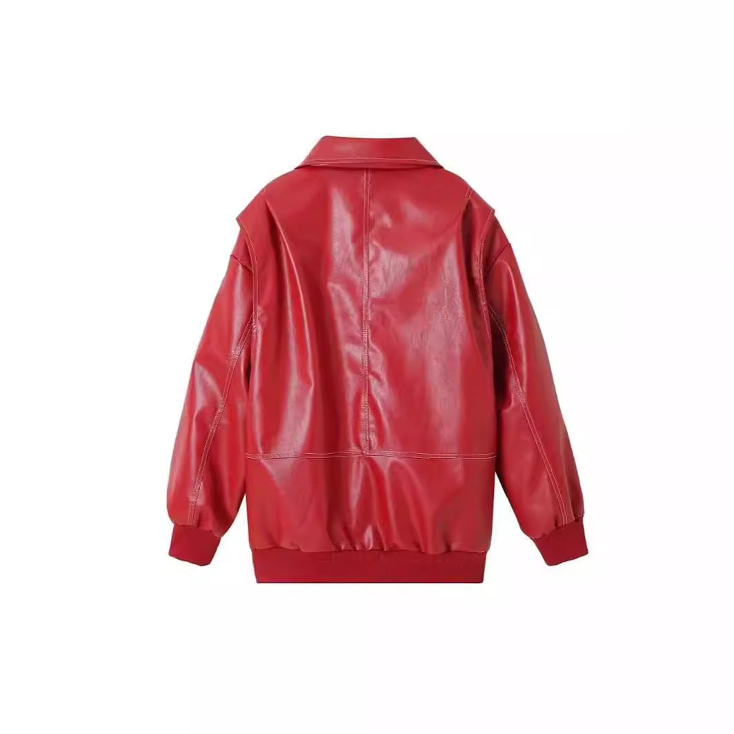 Ladies stylish faux leather jacket with voluminous sleeves and practical zipper pockets Chic and style