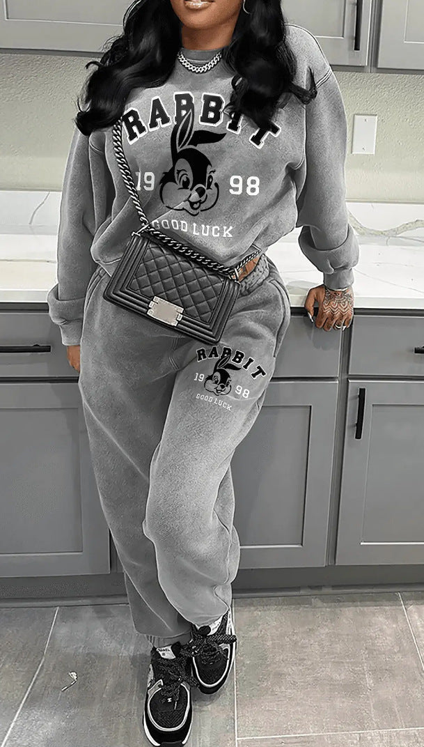 Ladies Comfortable Sweatshirt and Jogging Pants Set with Creative Print Details Lune London