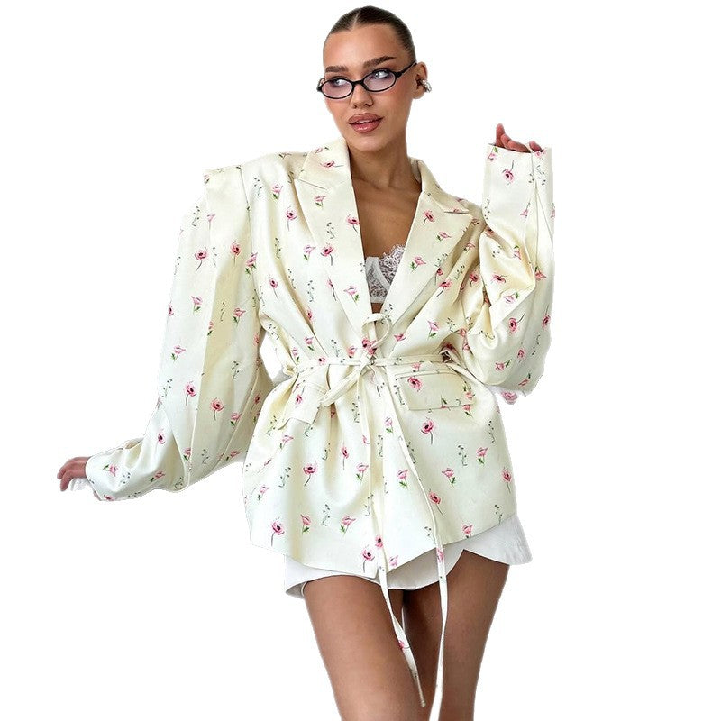 Ladies Elegant Blazer Jacket with Floral Design and Chic Waist Belt