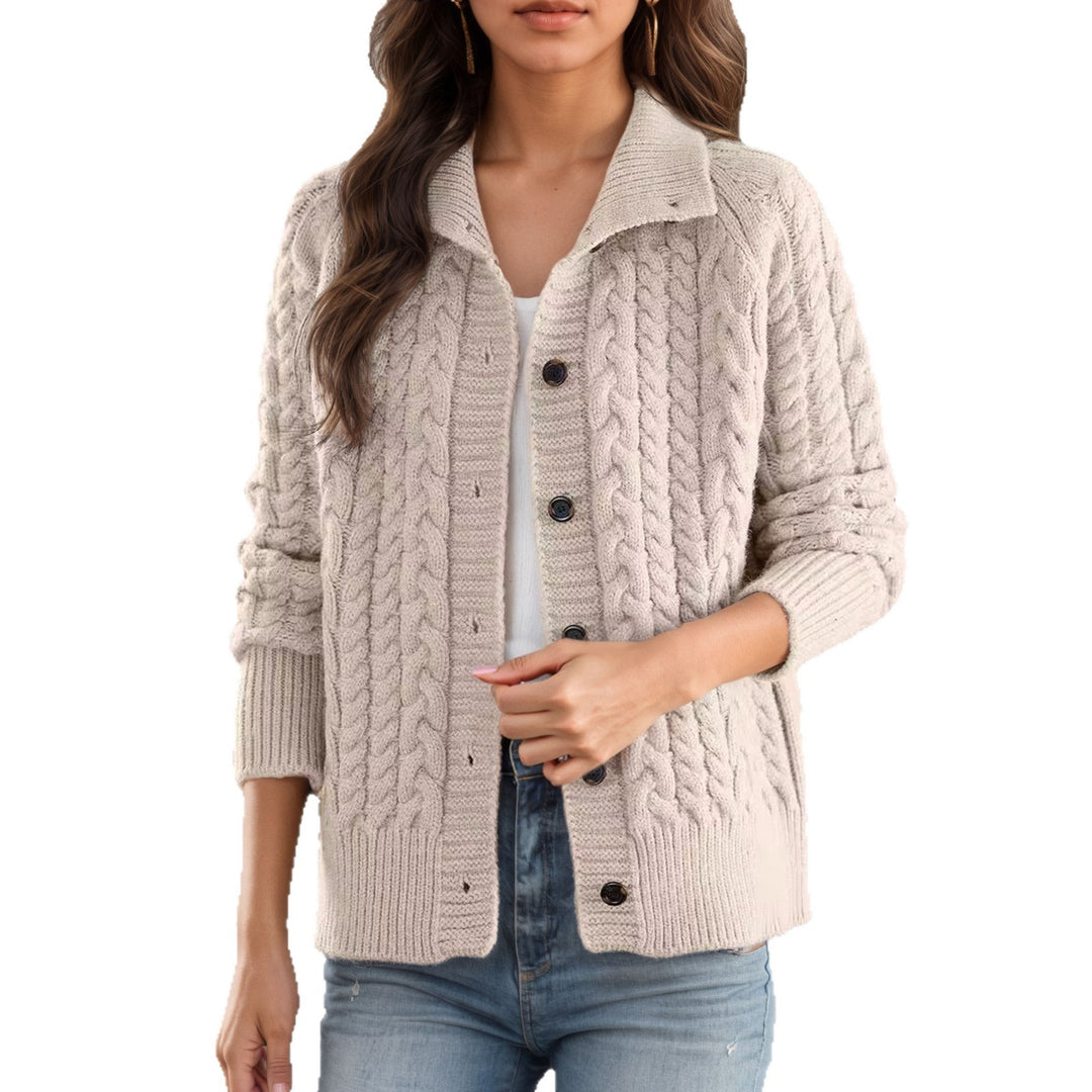 Thick knit jacket for women with decorative braid pattern and practical pockets Lune London