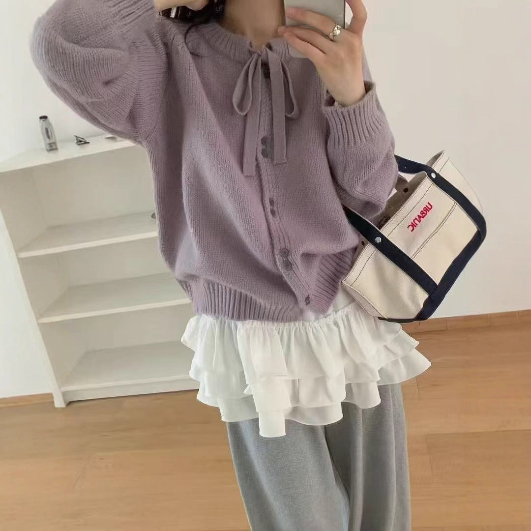 Cardigan court en tricot pour femmes avec ruban et matériau léger Chic & Stil