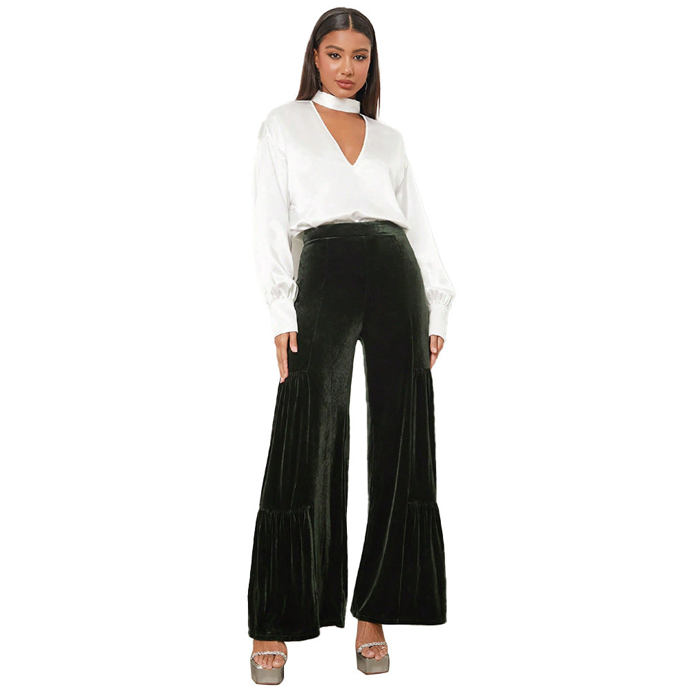 Pantalons larges en velours pour femmes avec détails froncés Chic & Stil