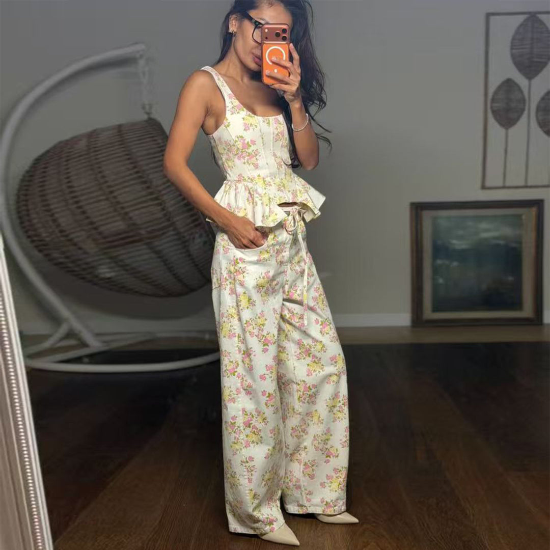 Women's Two-Piece Set with Floral Top and Wide-Leg Pants